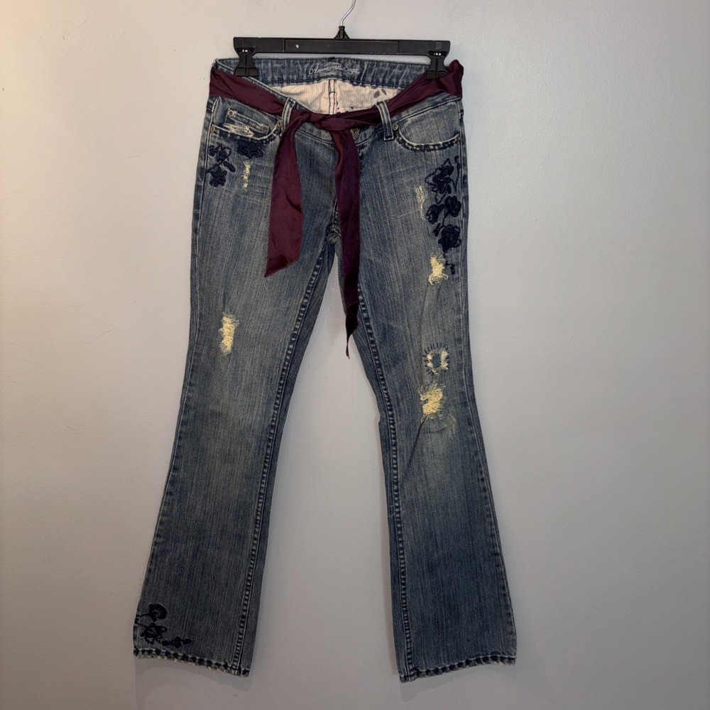 Y2K American Eagle Skinny Flare Low Rise Jeans Floral Embroidery Belt Size 0R